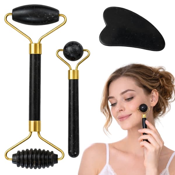 Ansigtsmassage-sæt jade 3-i-1 roller kuglemassager Gua Sha sort