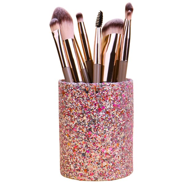 Børsteholder i plast glitrende rosa 9x7x7 cm til makeupbørster