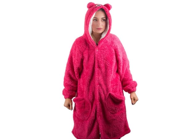 Sweatshirt-tæppe oversize med hætte og knapper 100% bomuld mørkrosa