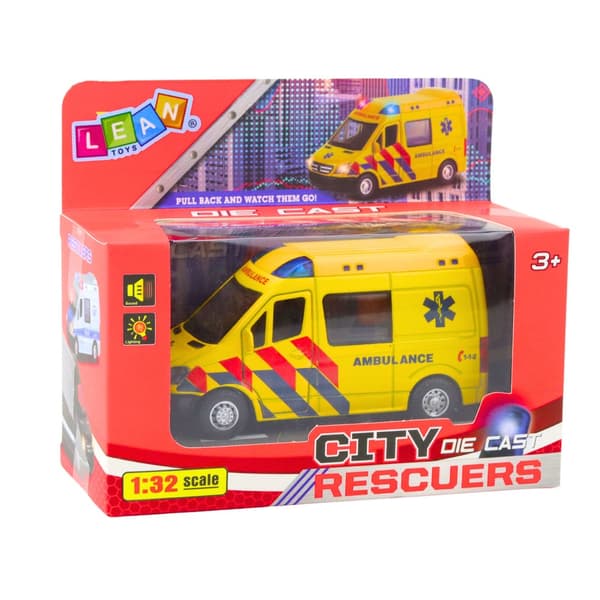 Ambulanssilelu 1:32 metallia pull-backilla, valo/ääni, keltainen