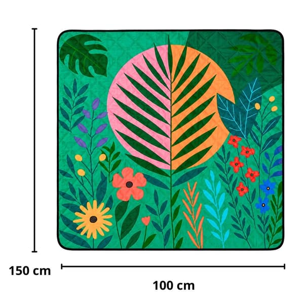 Picnictæppe 100 x 150 cm blomsterprint, foldbart med bærestrop