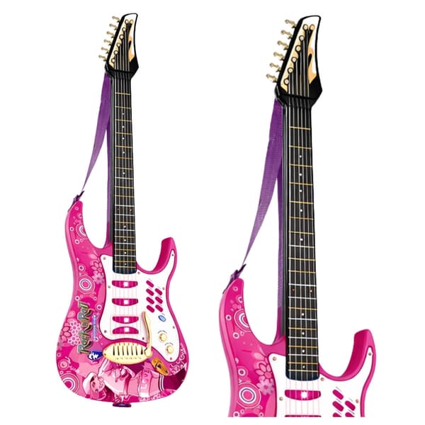 Leksakselgitarr rosa med mikrofon, stativ & förstärkare 72 cm