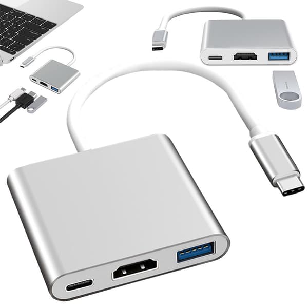 USB-C till HDMI + USB 3.0 adapter 4K vit/silver 13 cm