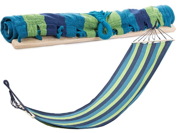 Hängmatta med trästavar randig bomull/polyester 200x80 cm + 2 rep