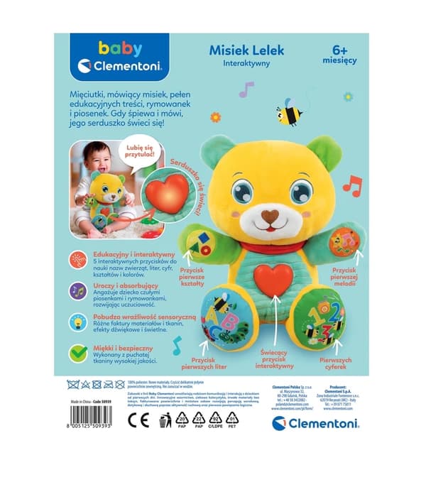 Interaktiv talende bamse med lys og knapper, 6+ måneder