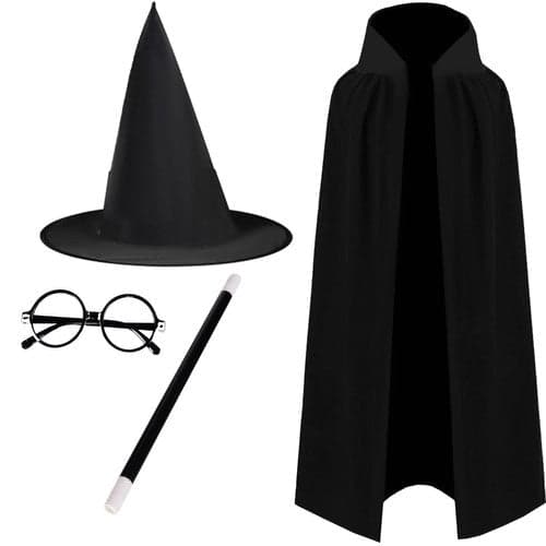 Tryllekunstnerkostume barn sort 4 dele kappe 90 cm hat stav briller