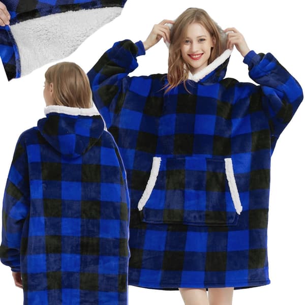 Fleece-hyggetrøje med hætte, blå ternet, one size oversize