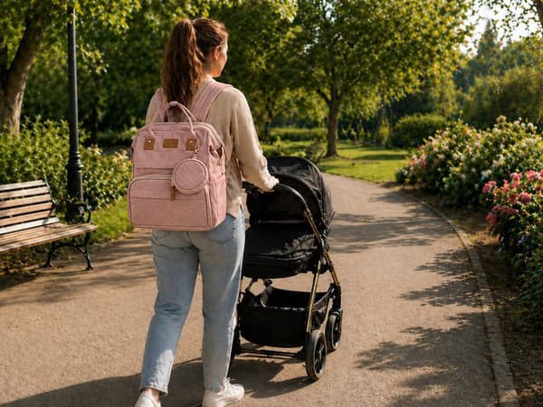 Pusletaske/rygsæk med udklappelig babyseng USB rosa polyester