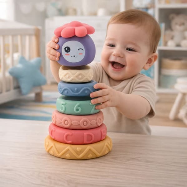 Sensorisk stabelpyramide bløde blokke 8 dele 18 cm til baby 6+ mdr