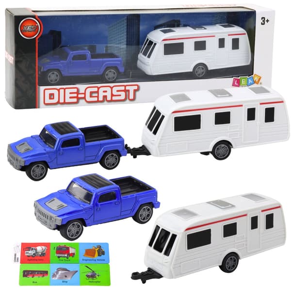 Die-cast terrängbil med husvagn set blå/vit med utbildningskort