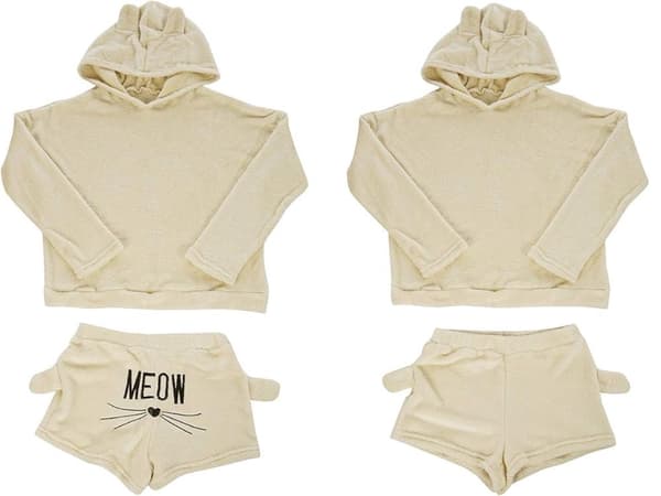 Pyjamasset dam 2-delar bomull M beige, långärmad tröja + shorts