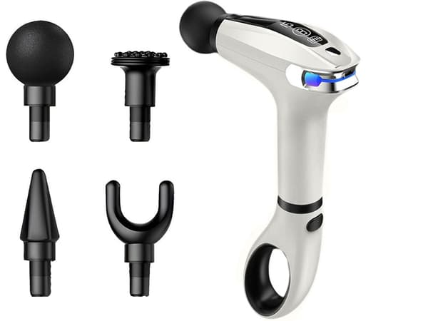 Massagepistol 30 W med 4 massagehoveder & forlængergreb hvid