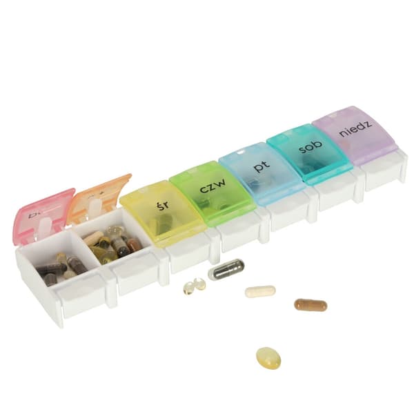 Pillbox ugedosering 7 rum farvekodet med ugedage