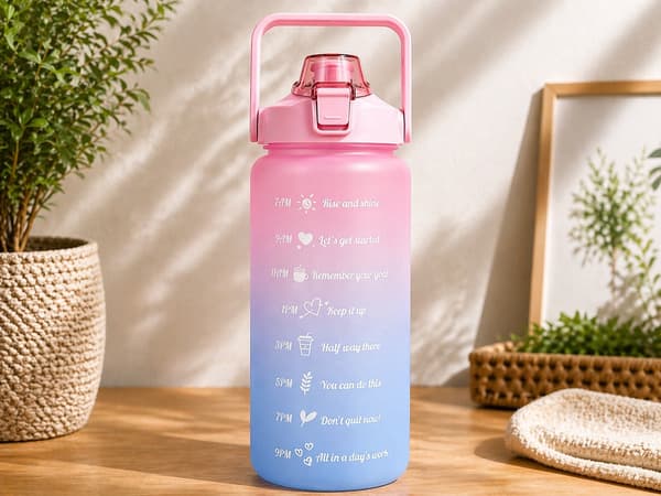 Vattenflaska 2 liter med sugrör och måttskala rosa/blå
