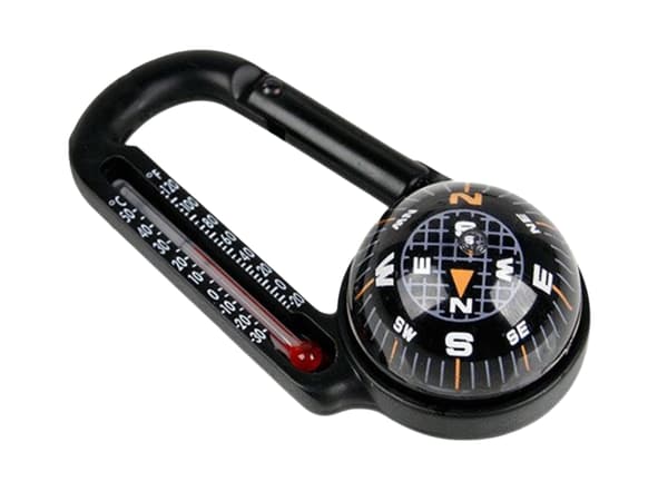 Karabinhage med kompas og analog termometer sort 7,3 cm