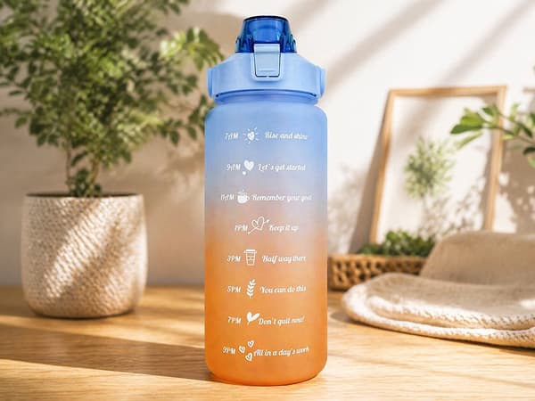 Vattenflaska 2 liter med sugrör och måttskala blå/orange