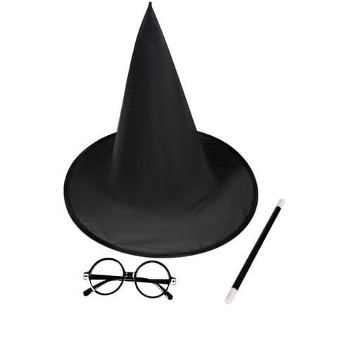 Tryllekunstnerkostume barn sort 4 dele kappe 90 cm hat stav briller