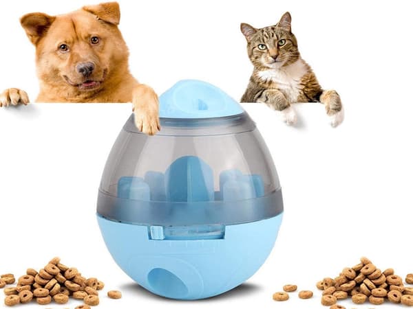 Interaktiv godtebold/foderbold til hund/kat blå 12 cm justerbar åbning