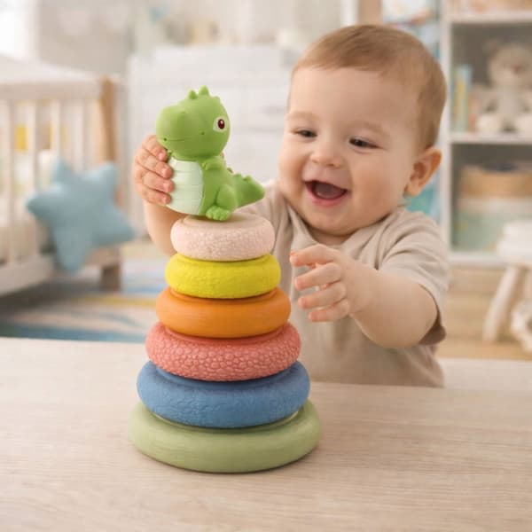 Sensorisk stabelpyramide i ECO-gummi med dinosaur 7 dele 6+ mdr