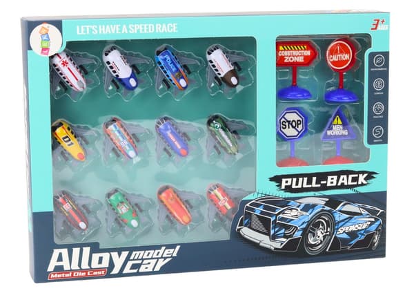 Leksaksflygplan set 12-pack 5 cm med 4 vägskyltar, från 3 år