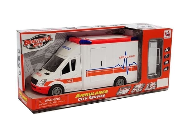 Legetøjsambulance 27 cm med båre, lyd & lys, friktionsdrev 3+