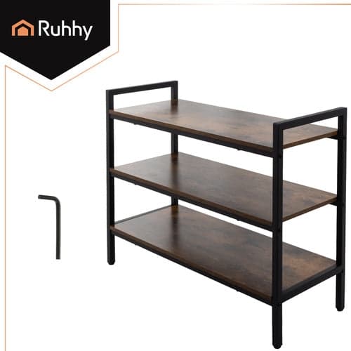 Skohylde 3 plan loftstil metal/MDF sort 79x30x58,5 cm