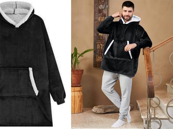 Fleecetröja med huva teddyfoder svart one size oversize XXL