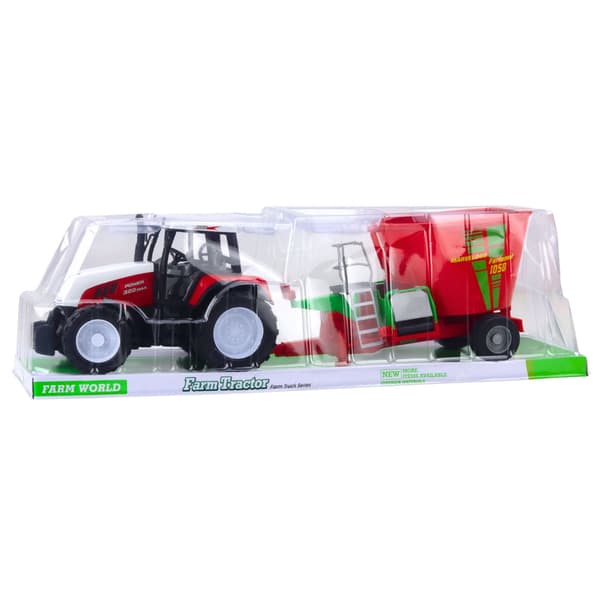 Legetøjstraktor med vogn og foderblander 60 cm rød/hvid plast