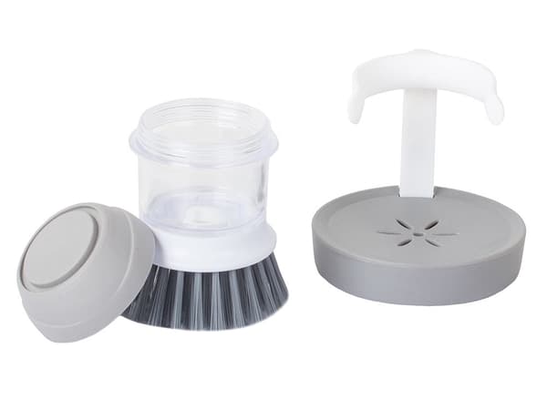 Diskborste med tvåldispenser och ställ grå 9,5 cm