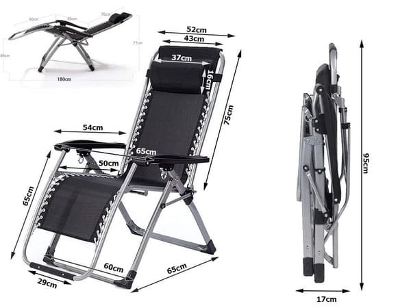 Hopfällbar solstol Zero Gravity justerbart ryggstöd svart max 140 kg