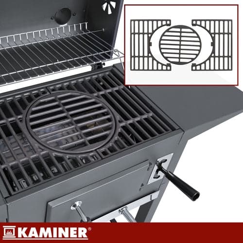 Kulgrill med låg og termometer, støbejernsrist, overtræk, sort