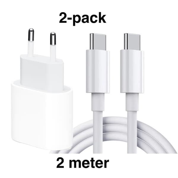 USB-C snabbladdare 20W PD 3.0 med 2 m USB-C-kabel vit 2-pack