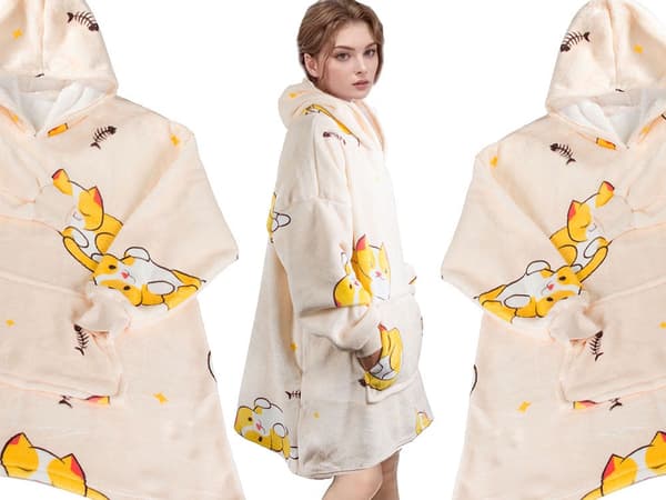 Tæppe-sweatshirt med hætte teddyfleece oversize one size
