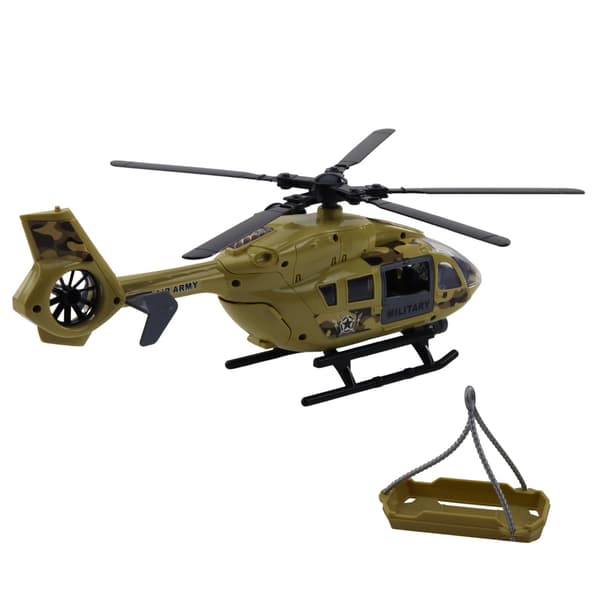 Legetøjshelikopter militær 32 cm med lys/lyd, båre & krog, batterier