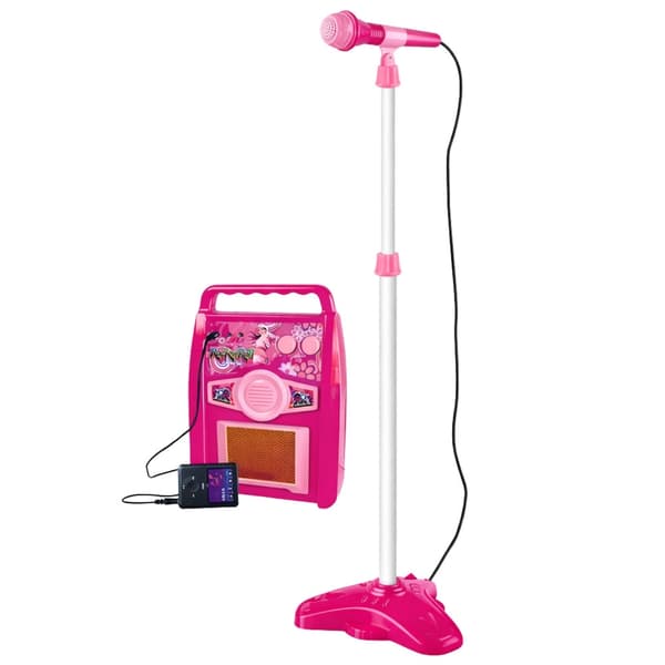 Leksakselgitarr rosa med mikrofon, stativ & förstärkare 72 cm