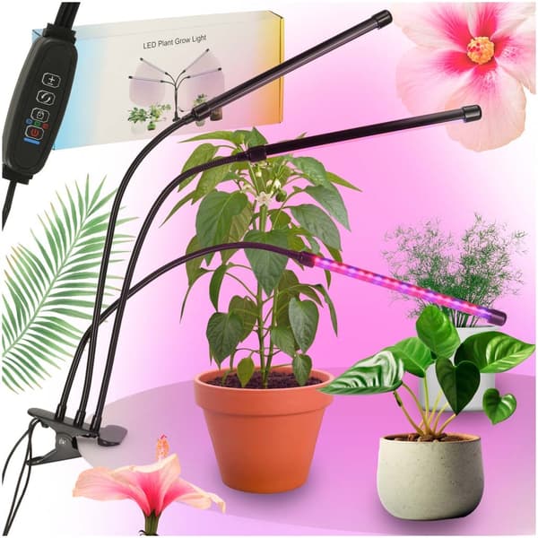 LED-växtlampa 10W med klämfäste, 3 flexibla armar, USB, timer