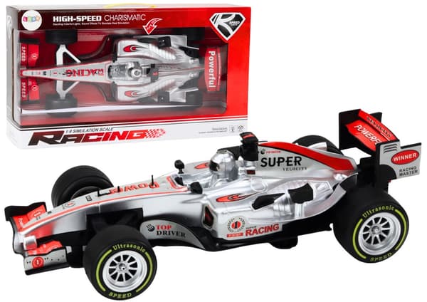 Kilpa-auto lelu 46 cm hopea 1:9 valolla/äänellä ja pull-back