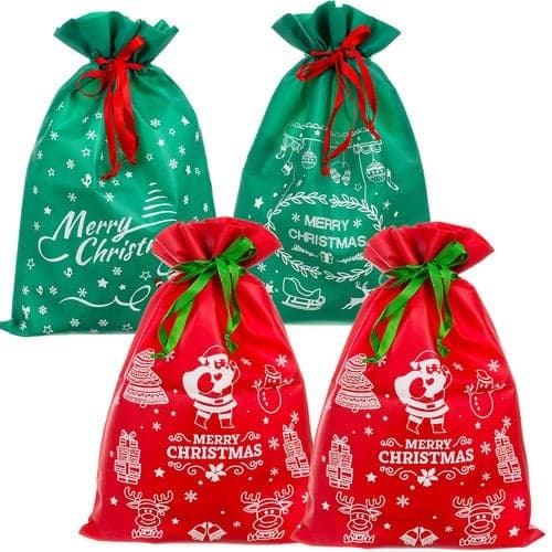 Julklappspåsar med snöre tomtemönster 45x29,5 cm 4-pack