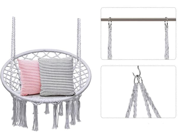 Hängande fåtölj hängstol boho grå max 120 kg sittbredd 60 cm