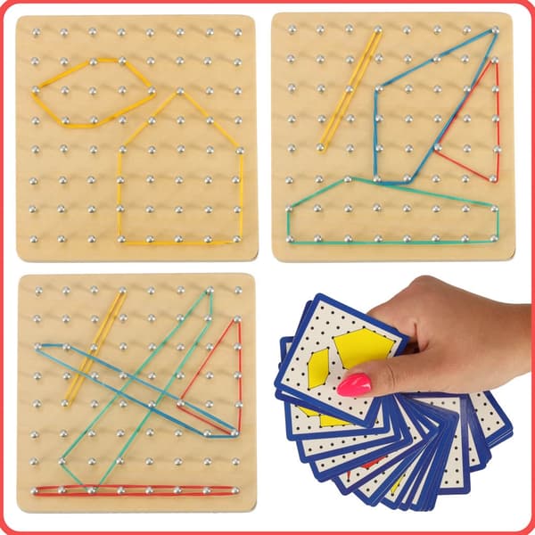 Geoboard træplade med søm, 40 elastikker & 24 mønsterkort