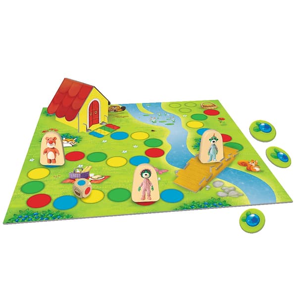 Barnbrädspel samla bär med stor spelplan, träkub och 16 bärtokens