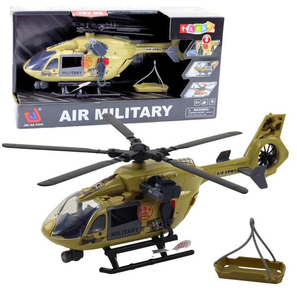 Legetøjshelikopter militær 32 cm med lys/lyd, båre & krog, batterier