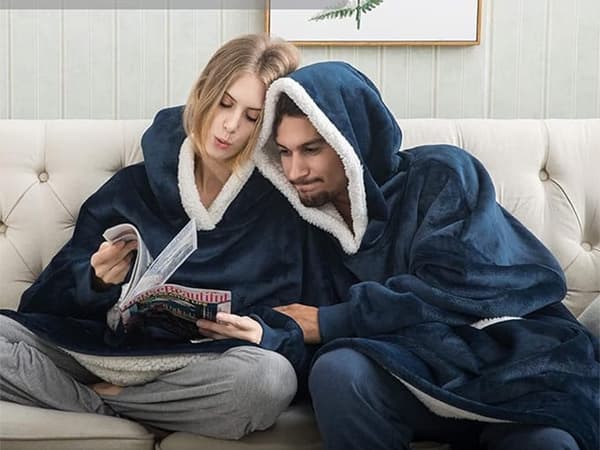 Filttröja med huva teddyfoder one size unisex navy blue