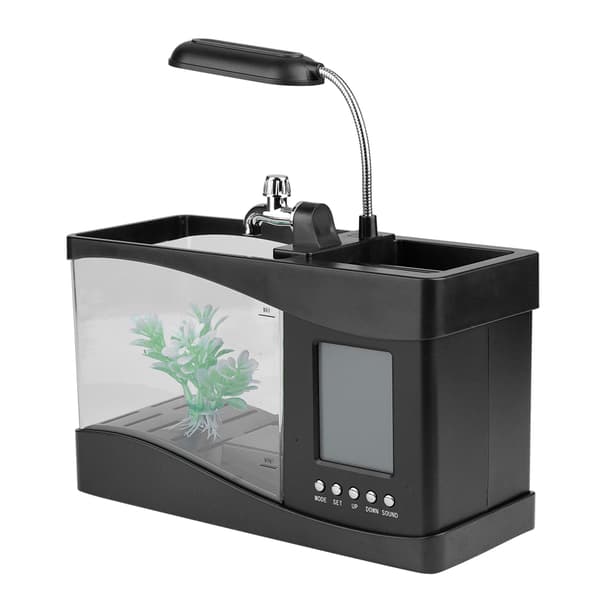 USB Genopladeligt Mini Akvarium med LED-lys og Ur, Sort