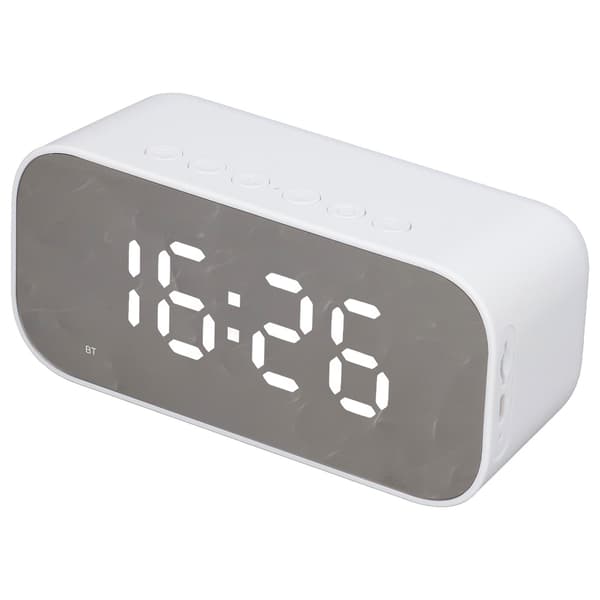 Bärbar Bluetooth-väckarklockradio, dubbla väckningslarm, dimmerkontroll, vit