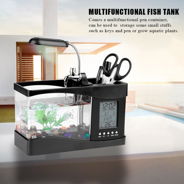USB Genopladeligt Mini Akvarium med LED-lys og Ur, Sort