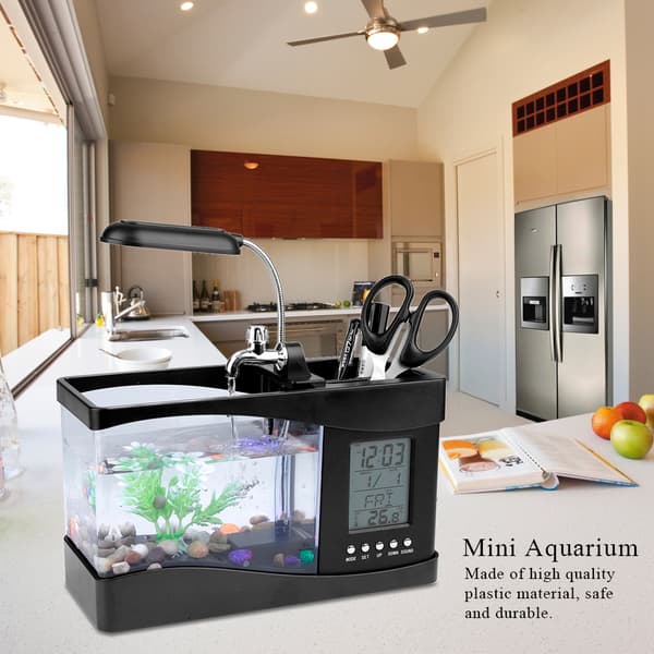 USB Genopladeligt Mini Akvarium med LED-lys og Ur, Sort