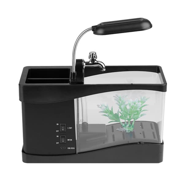 USB Genopladeligt Mini Akvarium med LED-lys og Ur, Sort