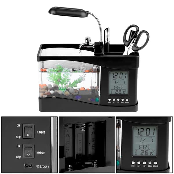 USB Genopladeligt Mini Akvarium med LED-lys og Ur, Sort