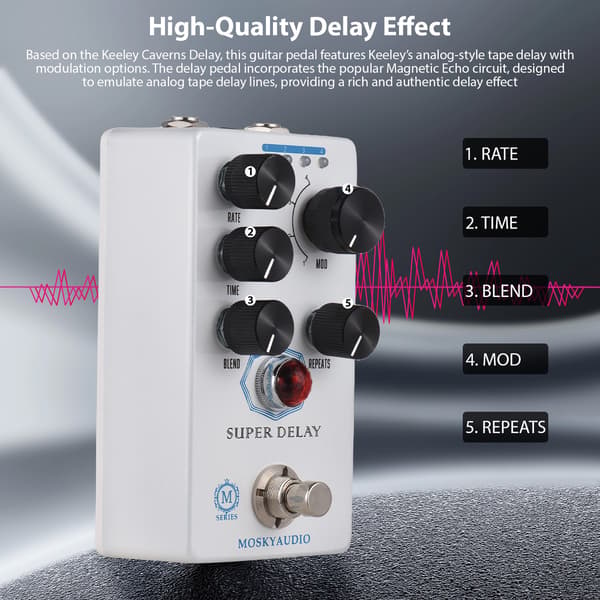 MOSKYAUDIO SUPER DELAY Guitar Delay Effects Pedal Blend/Time/Rate/Repeats/4-Mode Knap DC 9V 6.35mm Input/Output Interface Elektrisk Guitar Delay Effekt